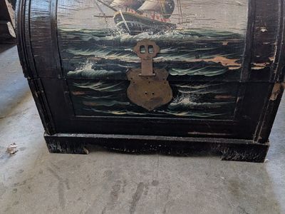 Vintage Hand-Painted Wooden Storage Trunk Chest with Ship Scene - Unique Barrel Top Design