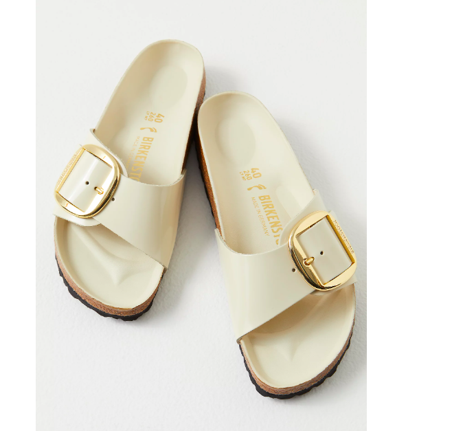 Brand New Women's Birkenstock Madrid Big Buckle Natural Leather Patent - High Shine Ecru (Size 37) No Box