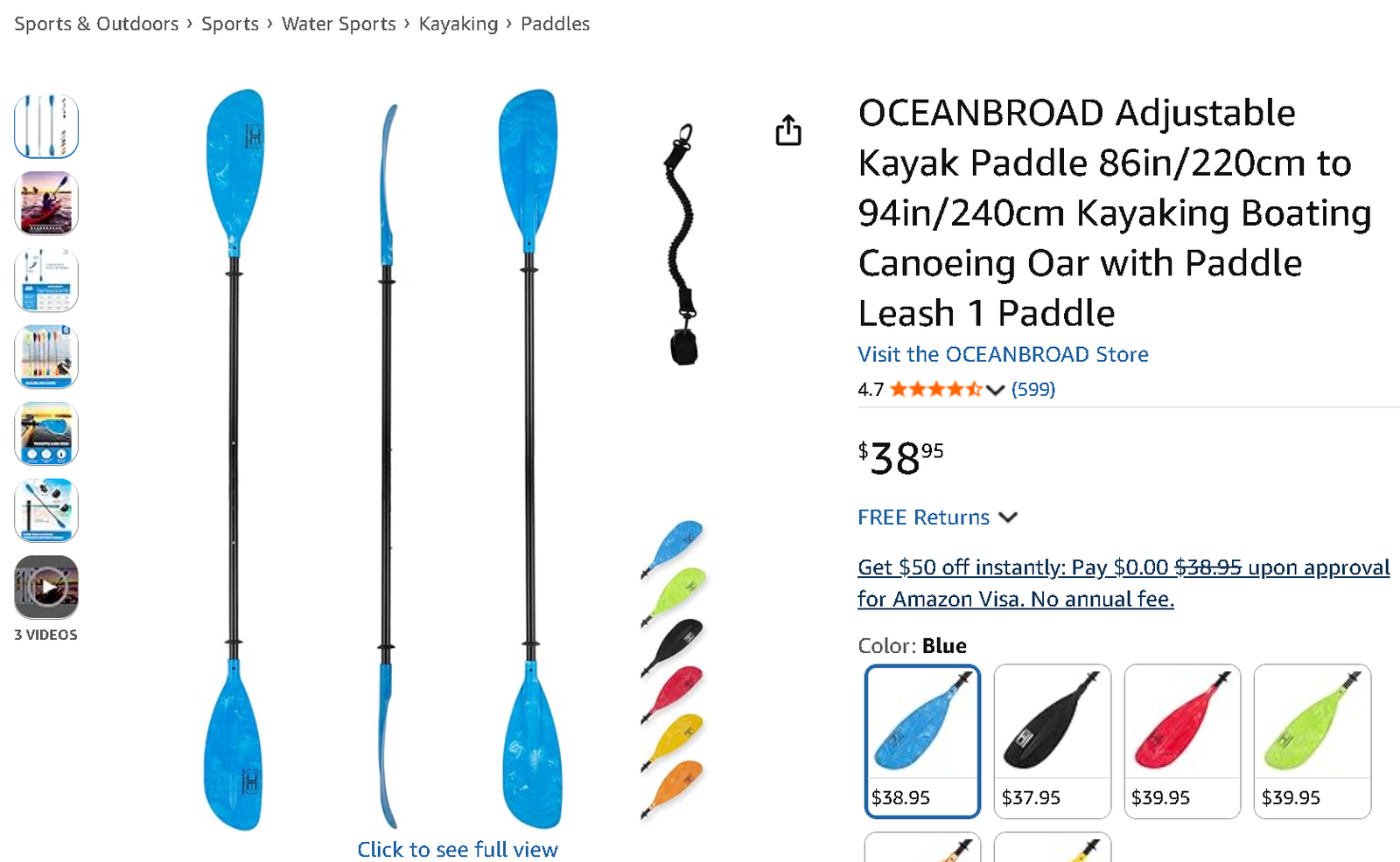 OCEANBROAD Adjustable Kayak Paddle 86in/220cm to 94in/240cm Kayaking Boating Canoeing Oar with Paddle Leash 1 Paddle