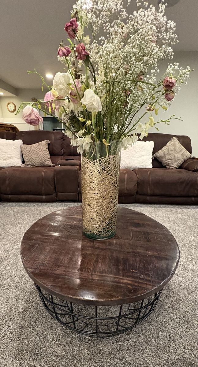 ️ Round Wood & Metal Coffee Table – Modern Rustic Accent (30”)