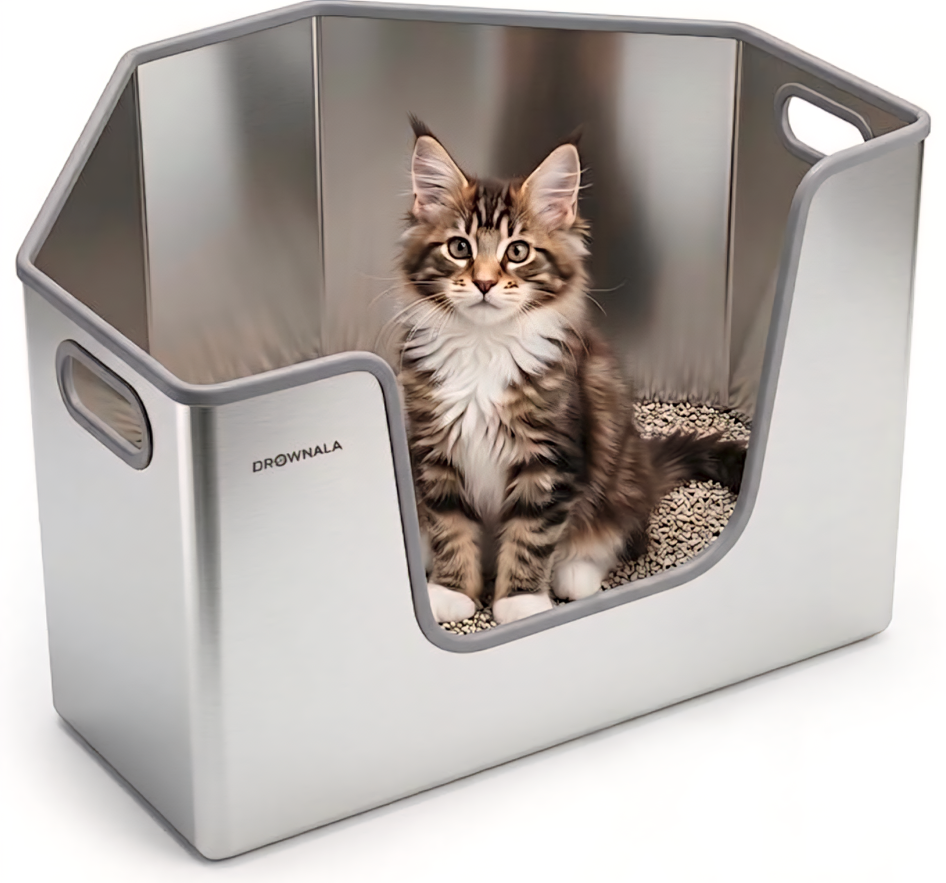Stainless Steel Corner Litter Box with High Sides for Small & Medium Cats