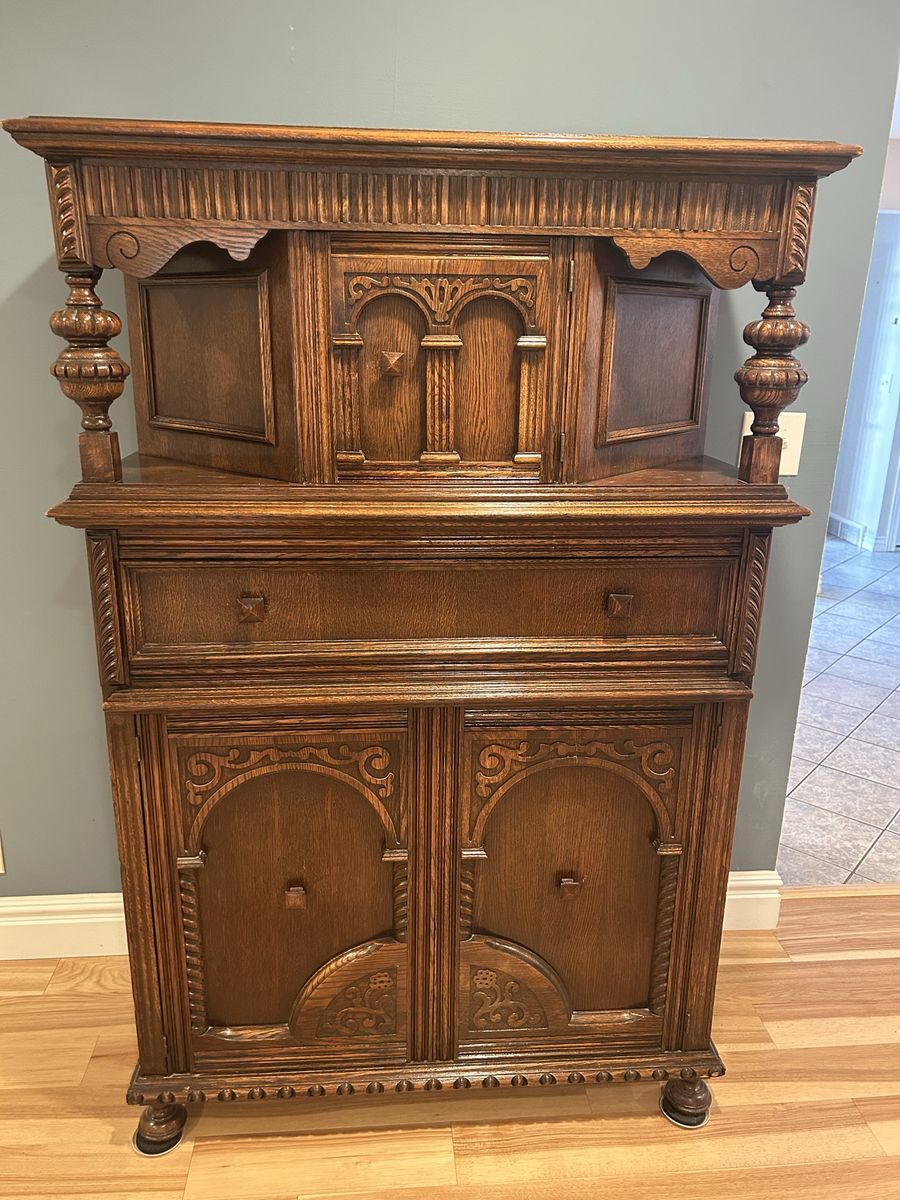 Antique hutch most unique “French press” carving.