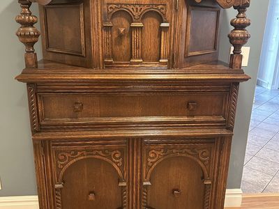 Antique hutch most unique “French press” carving.
