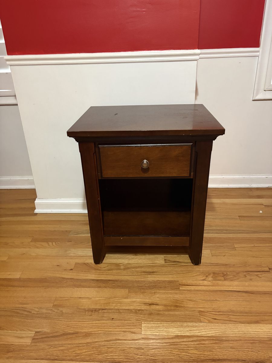 Dark Wood Nightstand with Drawer, 22"W x 18"D x 25.5"H