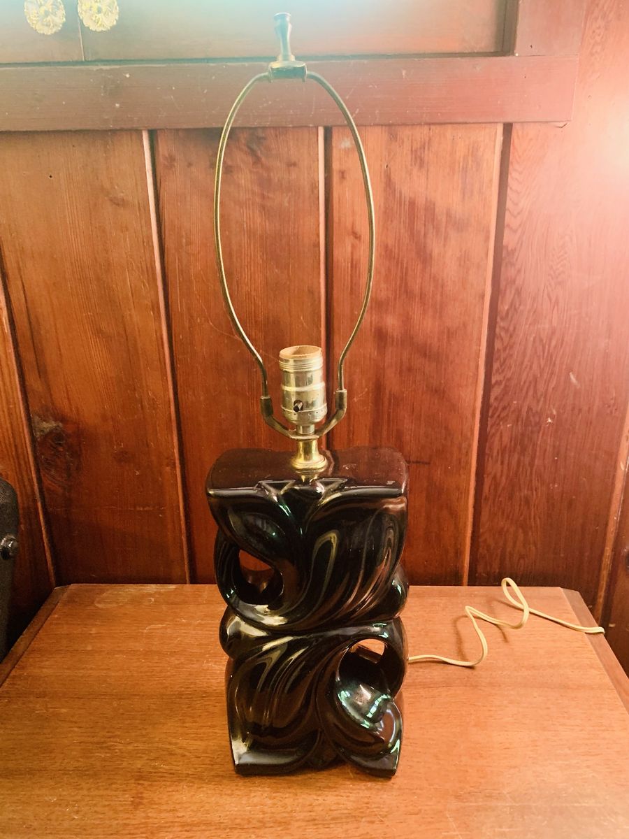 Vintage MCM Black Ceramic Sculptural Abstract Swirl  Table Lamp Art