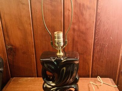 Vintage MCM Black Ceramic Sculptural Abstract Swirl Table Lamp Art