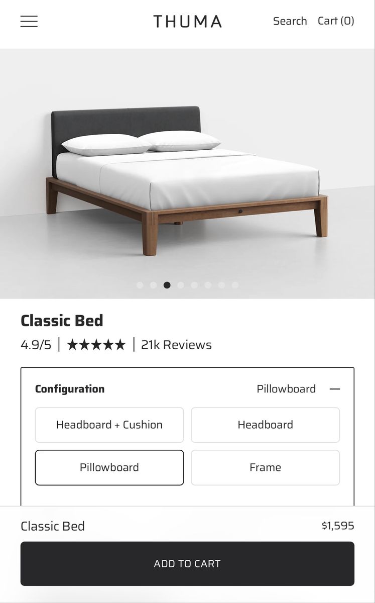 Thuma King Classic Bed Frame in Walnut with Charcoal Pillowboard