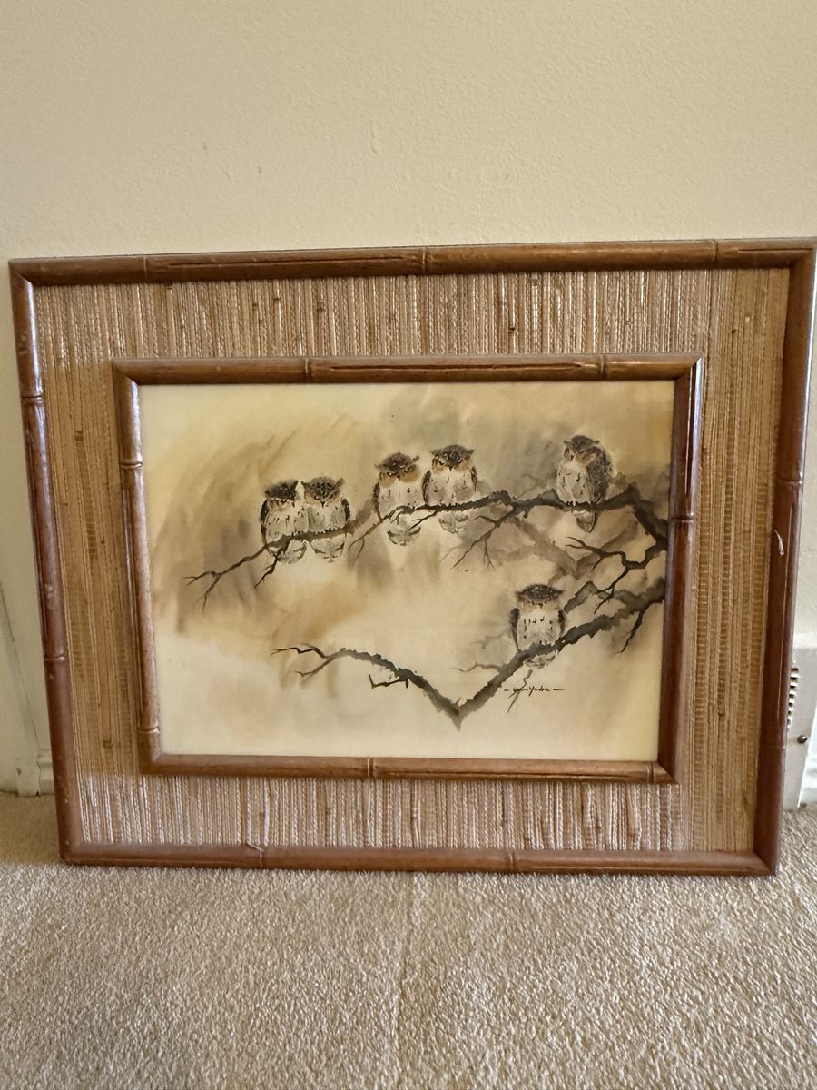 Vintage Owl Watercolor Painting in Bamboo/Rattan Frame, Signed Artwork