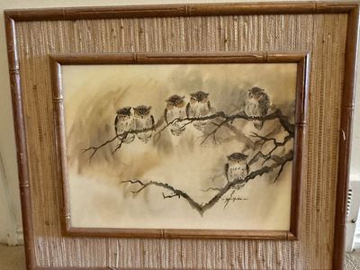 Vintage Owl Watercolor Painting in Bamboo/Rattan Frame, Signed Artwork