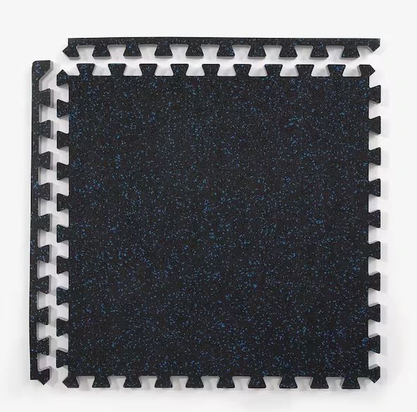 NEW! Rubber Interlocking Gym Mat Flooring Tiles – 6 Pieces 2’ x 2’ – Black w/Blue Flecks