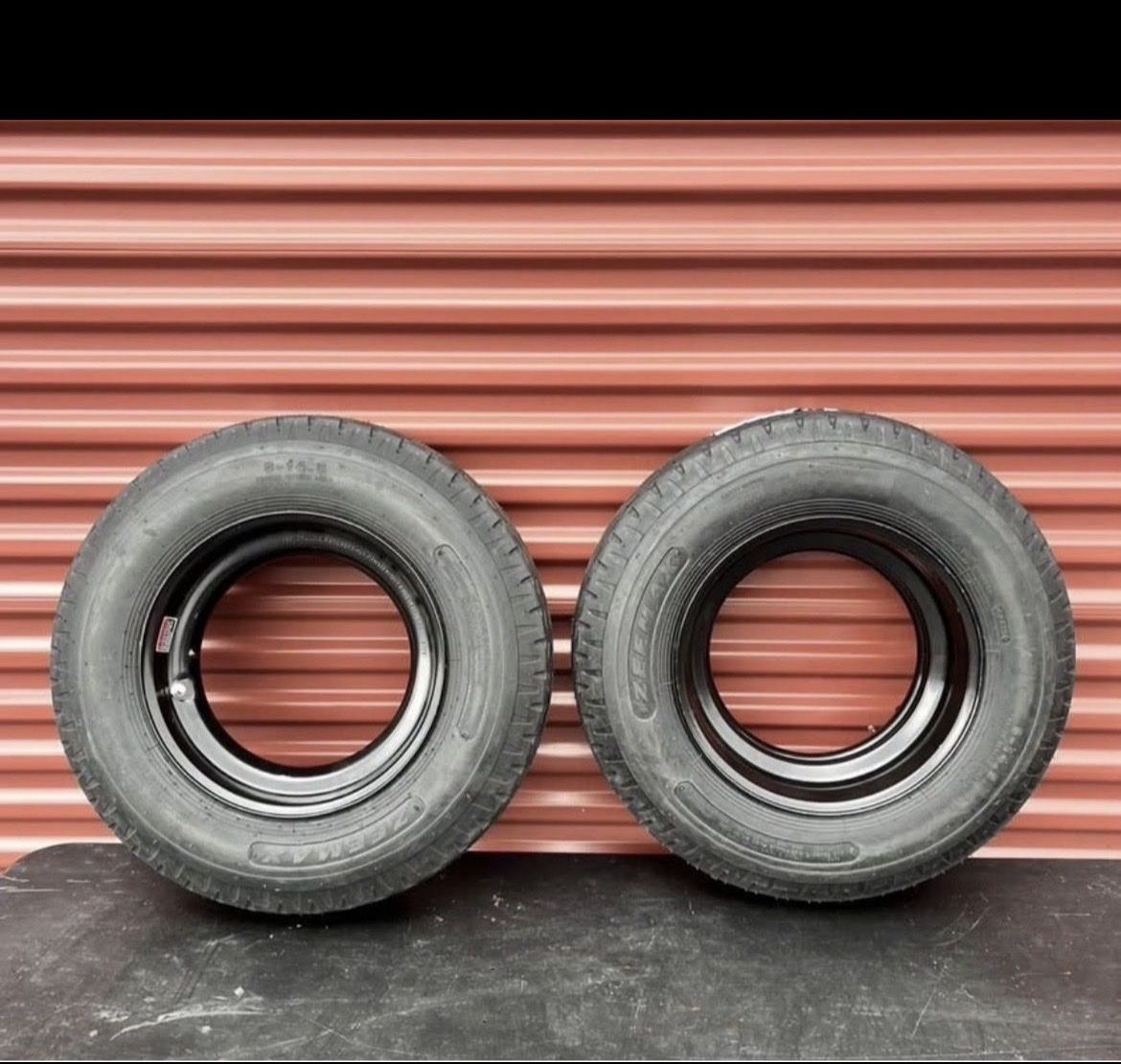 New Set of 2 Zeemax ST 8-14.5 Mobile Home Style Trailer Tires Mounted on New Wheels Super Duty 14 Ply G Load