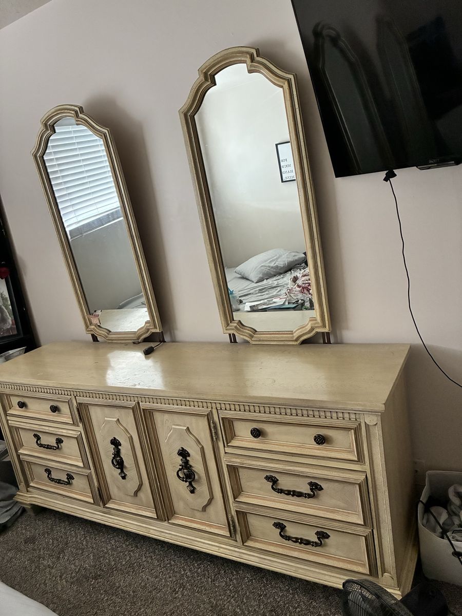 Vintage Distressed White Dresser with Dual Mirrors