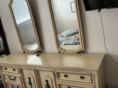 Vintage Distressed White Dresser with Dual Mirrors