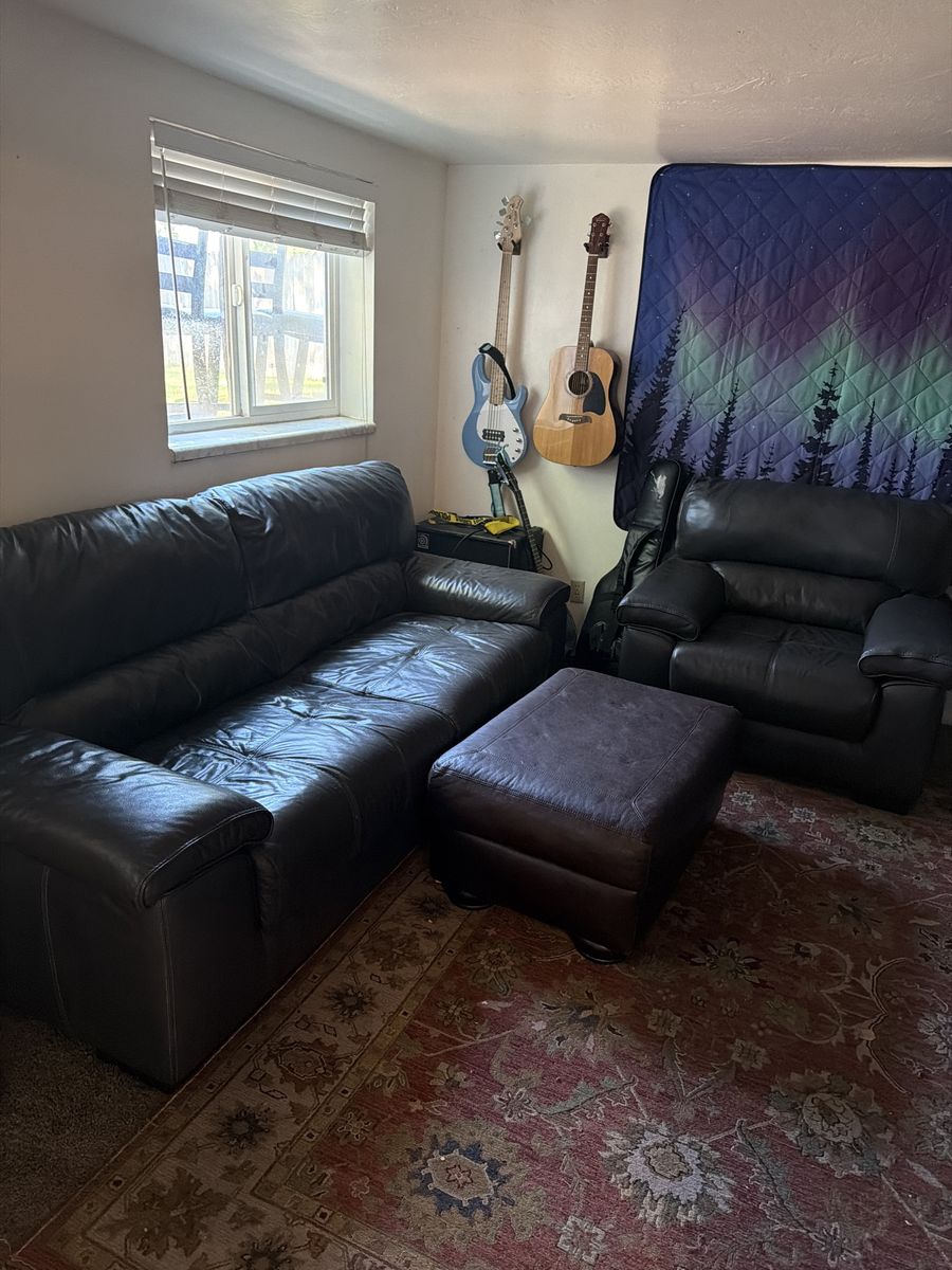 Green Leather Sofa, Armchair, and Ottoman Set - Good Condition, Comfortable Seating