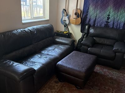 Green Leather Sofa, Armchair, and Ottoman Set - Good Condition, Comfortable Seating