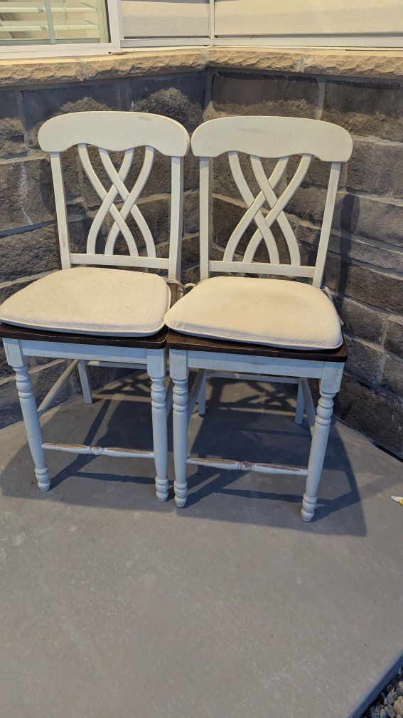 Pair of White and Dark Wood Dining Chairs with Padded Seats