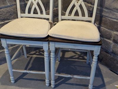 Pair of White and Dark Wood Dining Chairs with Padded Seats