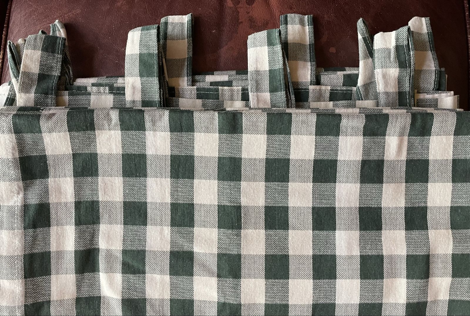Green and White Gingham Linen Tab Top Curtains one pairs ~40”x80” each