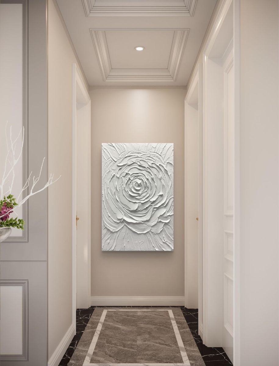 Textured White Rose Abstract Canvas Wall Art Decor - Modern 3D Floral Impasto Painting