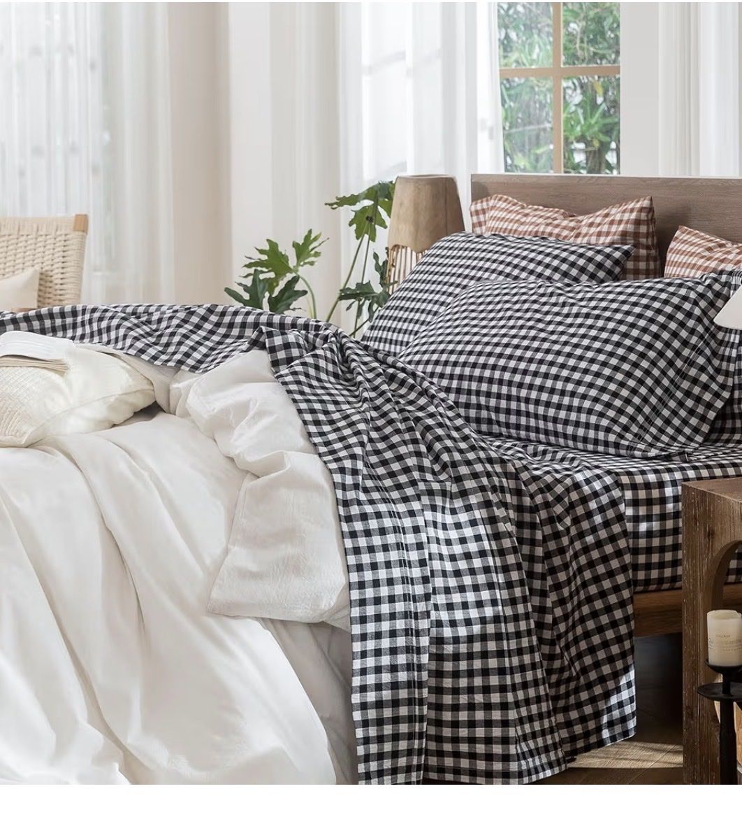 New! MooMee Gingham Sheet Set 100% Washed Cotton Linen-Like Deep Pocket King