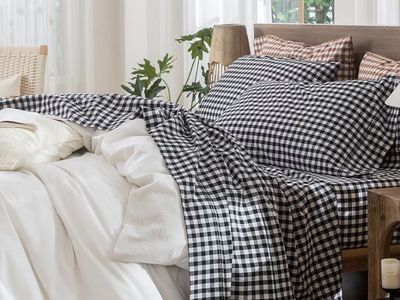 New! MooMee Gingham Sheet Set 100% Washed Cotton Linen-Like Deep Pocket King