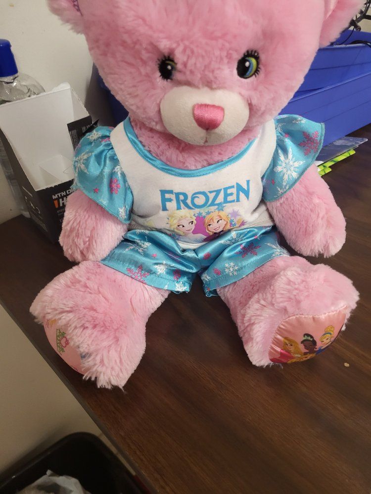 Build-A-Bear Pink Teddy Bear with Disney Frozen and Princesses Outfits - Good Condition