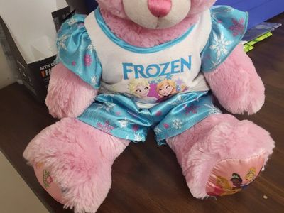 Build-A-Bear Pink Teddy Bear with Disney Frozen and Princesses Outfits - Good Condition