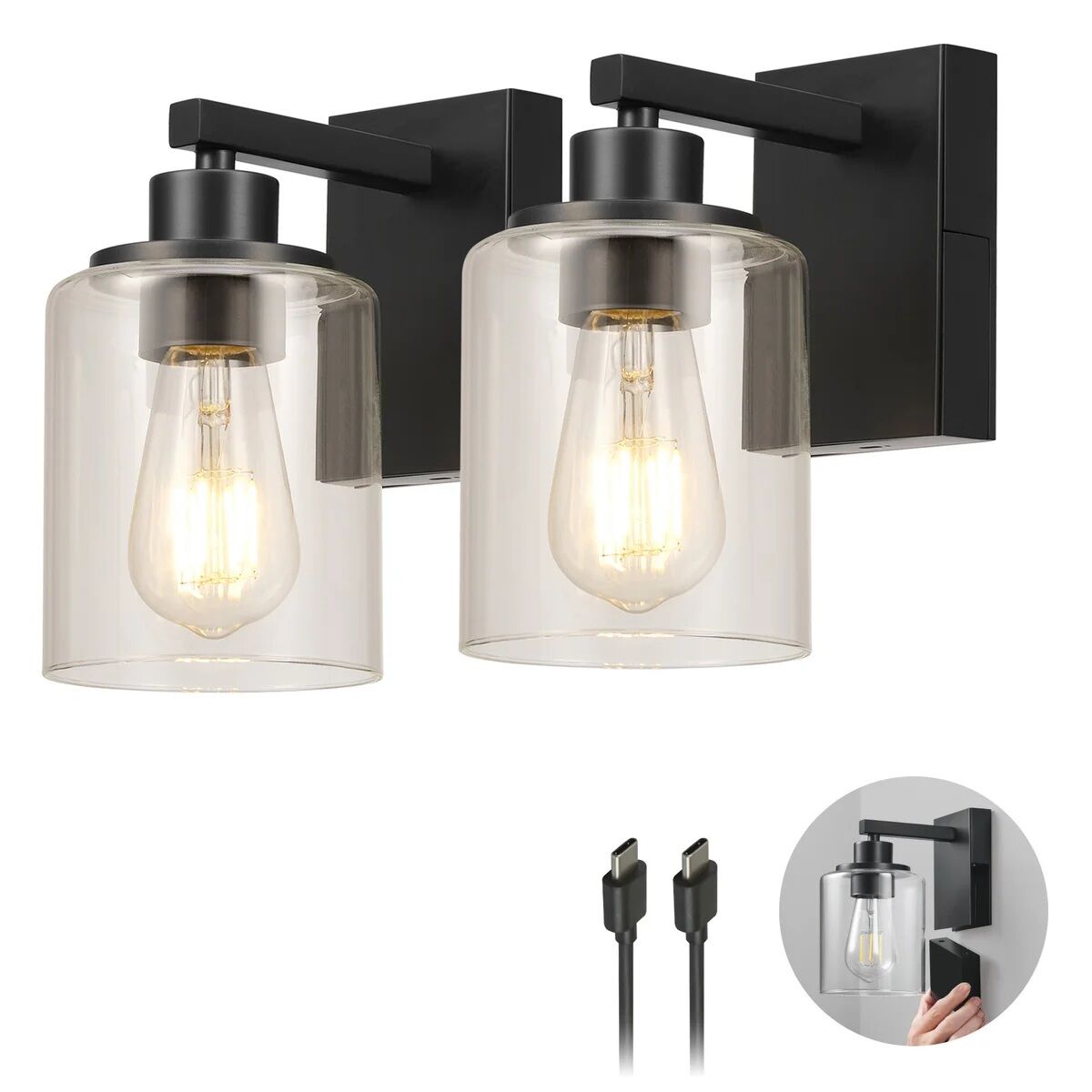 Globe Electric Rechargeable Glass Wall Sconce, Battery Powered 2-pack 1938095 #103840