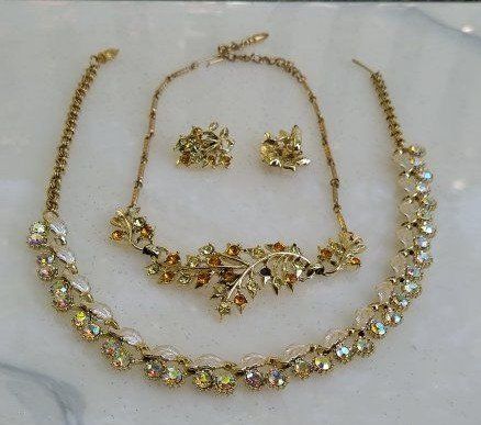 Vintage Gold Tone Rhinestone Necklace and Clip-On Earrings Costume Jewelry Lot