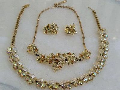 Vintage Gold Tone Rhinestone Necklace and Clip-On Earrings Costume Jewelry Lot