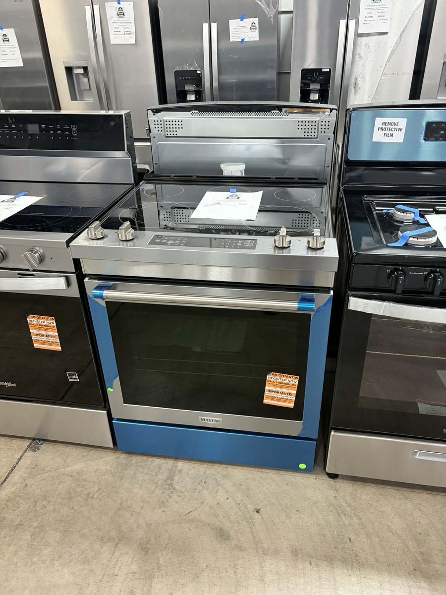 NEW MAYTAG STAINLESS ELECTRIC SLIDE IN RANGE W AIR FRYER