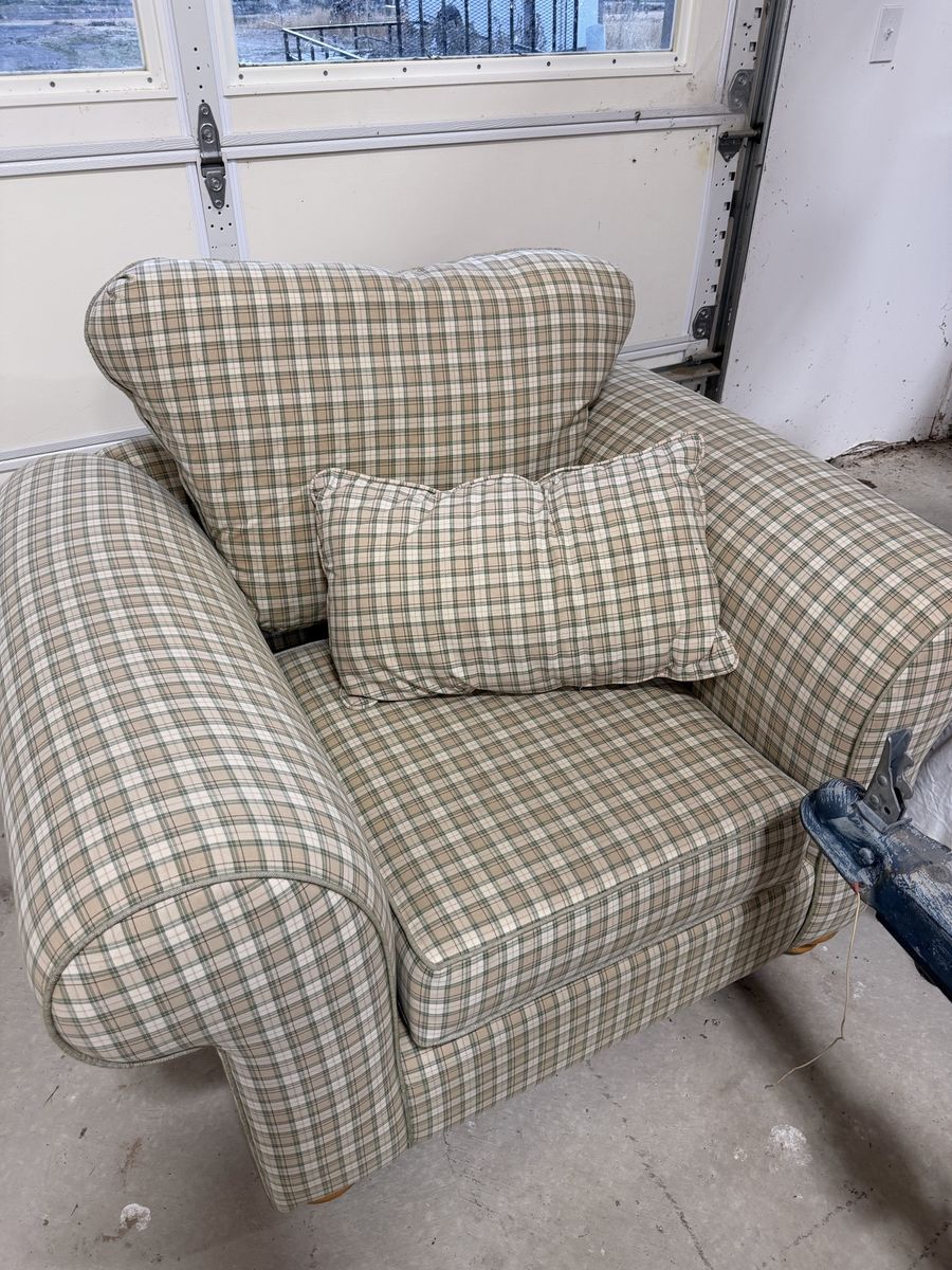 Plaid Fabric Armchair with Matching Ottoman and Throw Pillow Set