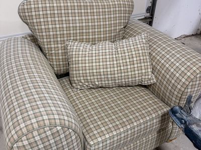 Plaid Fabric Armchair with Matching Ottoman and Throw Pillow Set