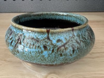 Handcrafted Glazed Ceramic Pottery Bowl - Blue and Brown Drip Glaze Decor