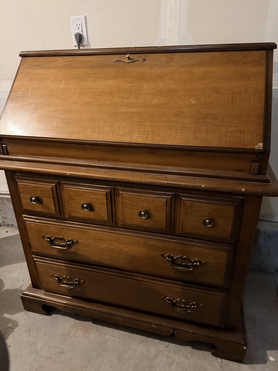 Vintage Wooden Drop-Front Secretary Desk with Drawers, Traditional Style