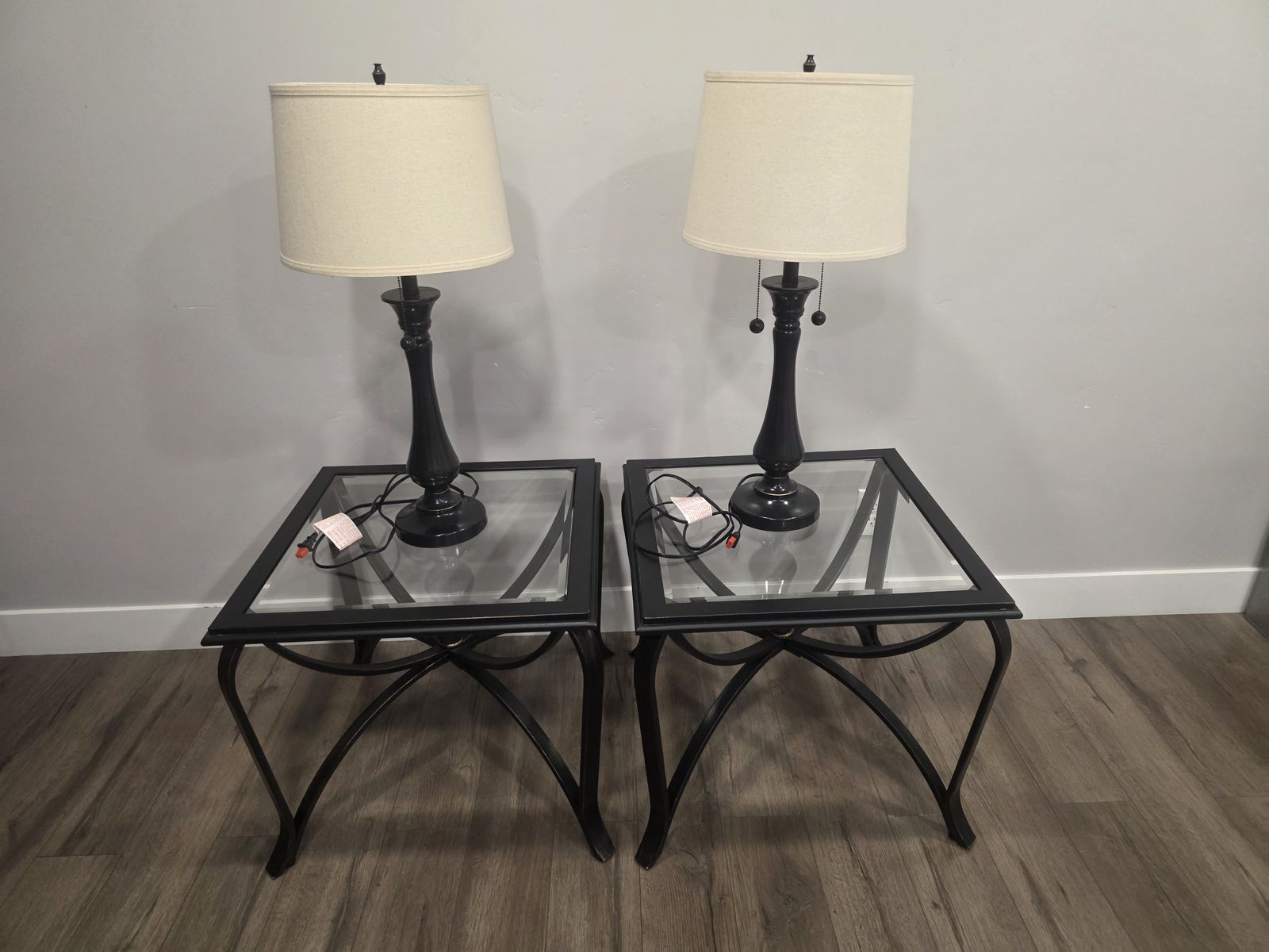 Set of 2 Black Metal and Glass Top End Tables with Lamps