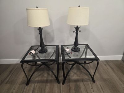 Set of 2 Black Metal and Glass Top End Tables with Lamps