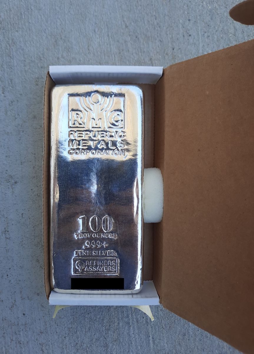 100 oz .999 Fine Silver Bullion Bar - RMC Refiners Assayers (with serial #, blocked in picture)