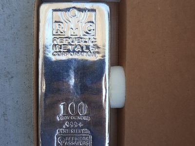 100 oz .999 Fine Silver Bullion Bar - RMC Refiners Assayers (with serial #, blocked in picture)