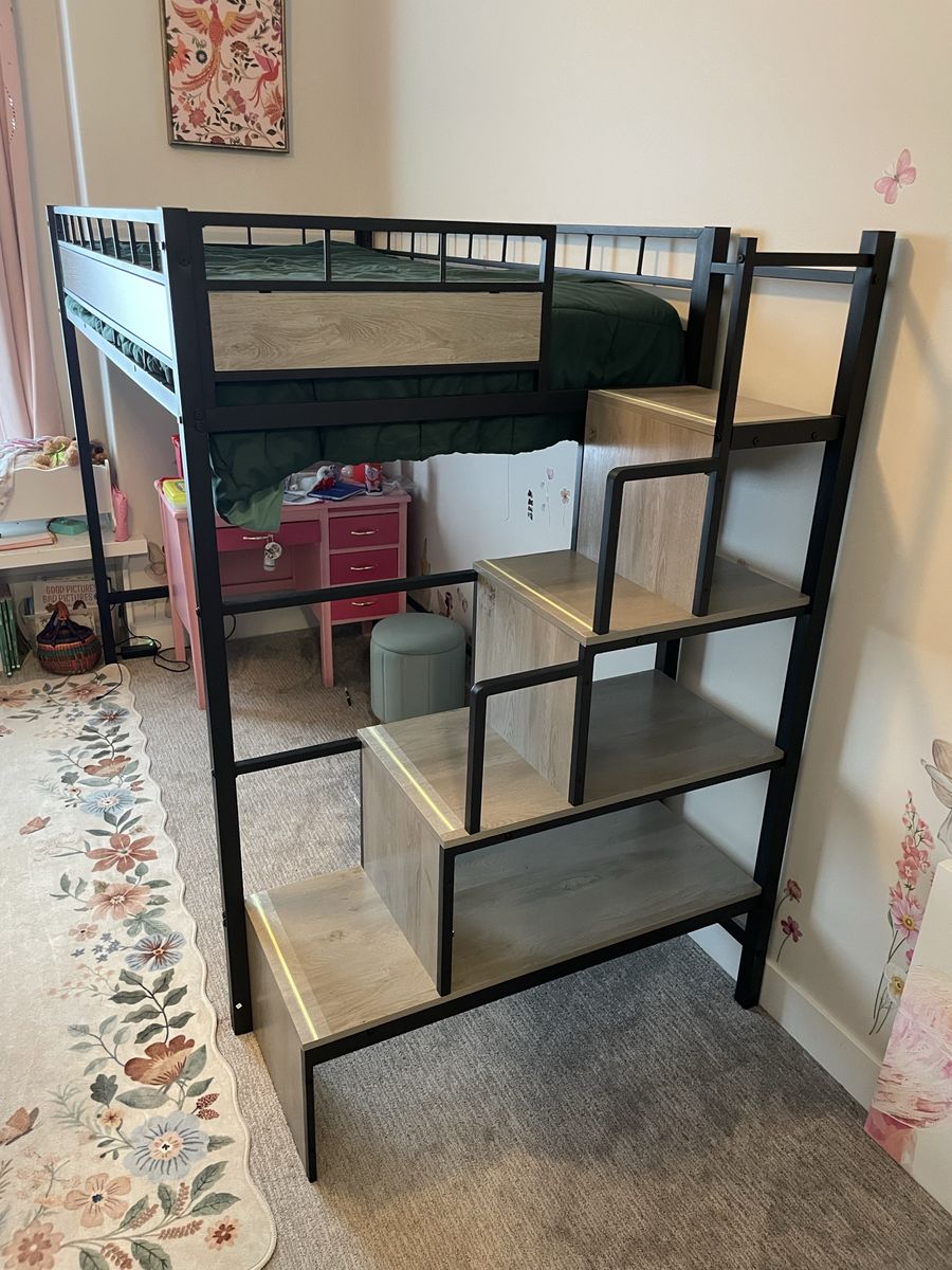 Black Metal Loft Bed with Integrated Step Shelves & Wood Accents