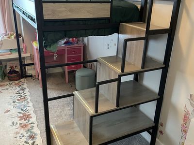 Black Metal Loft Bed with Integrated Step Shelves & Wood Accents