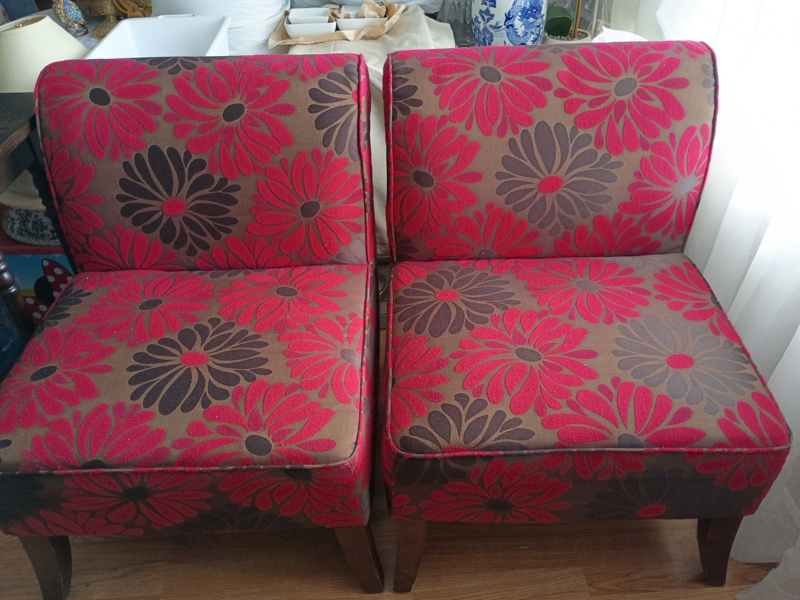 Set of 2 Floral Armless Accent Chairs - Red and Brown Floral Print