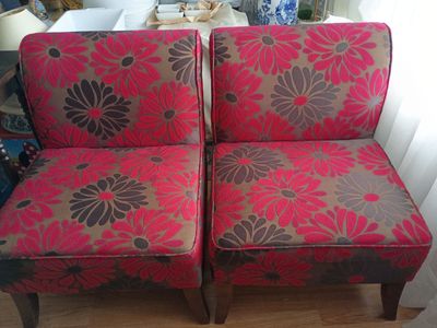 Set of 2 Floral Armless Accent Chairs - Red and Brown Floral Print