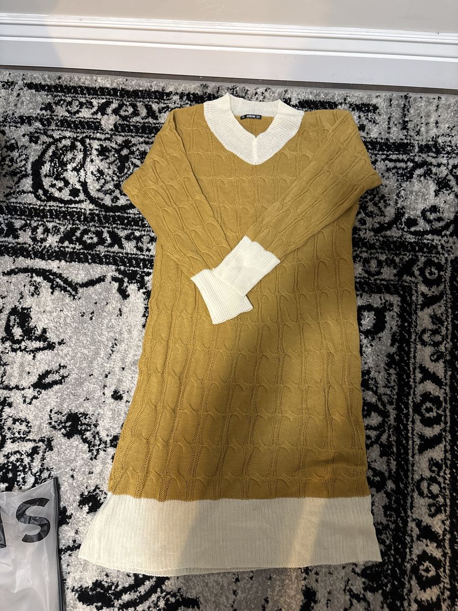 SHEIN Mustard Yellow and White Cable Knit Sweater Dress Size S