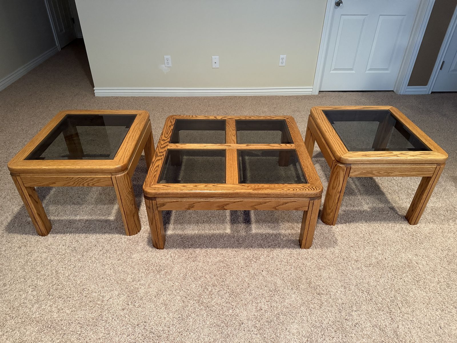 Oak And Smoke Glass Coffee And End Tables