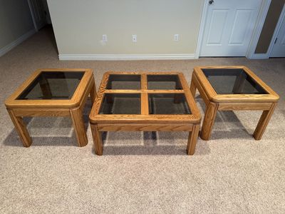 Oak And Smoke Glass Coffee And End Tables