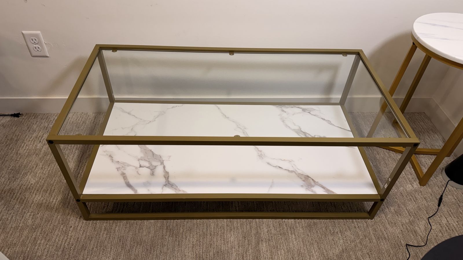 Gold Metal and Glass Coffee Table with Faux Marble Shelf - Modern Rectangular