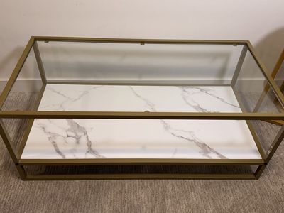 Gold Metal and Glass Coffee Table with Faux Marble Shelf - Modern Rectangular