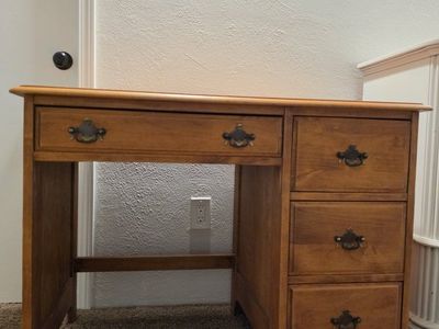 Vintage Solid Wood Desk with 4 Drawers - Sturdy Secretary/Office Table, Light Brown Finish