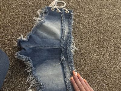 Distressed Denim Lace-Up Hot Pants/Shorts with Frayed Edges